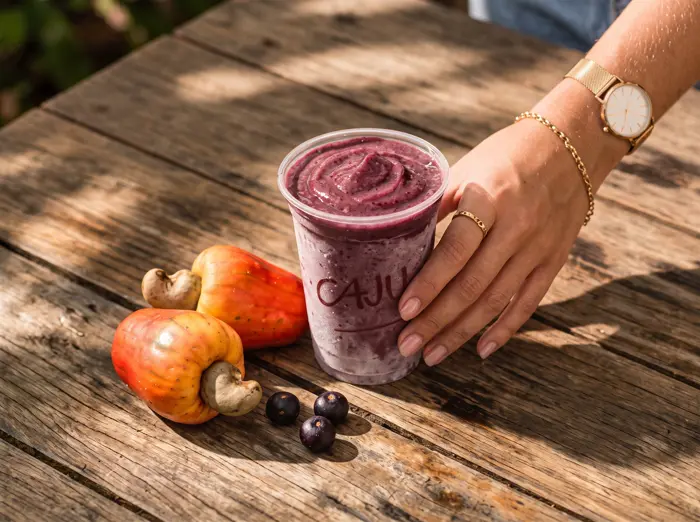 Mão segurando copo de açaí Caju ao lado de cajus frescos numa mesa de madeira