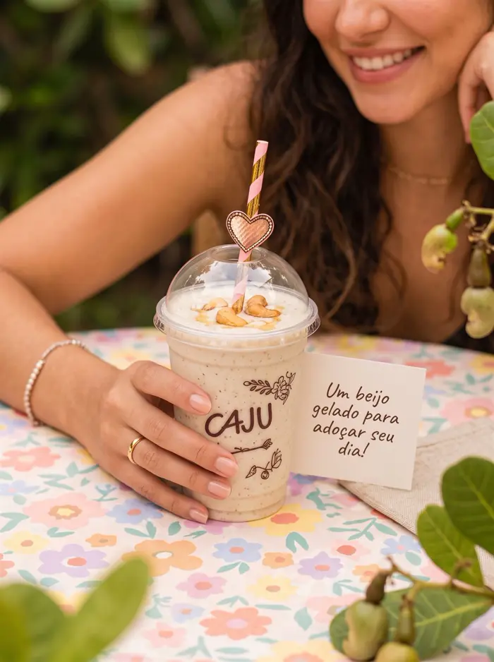 Shake de caju com bilhete escrito à mão