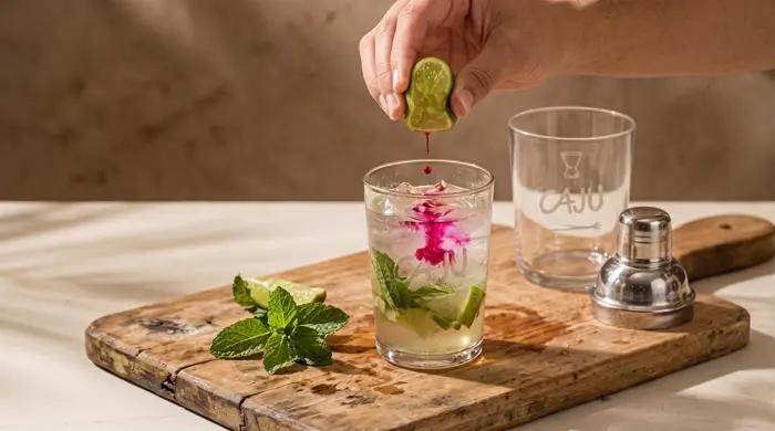 Drinque gelado com limão e hortelã sendo preparado