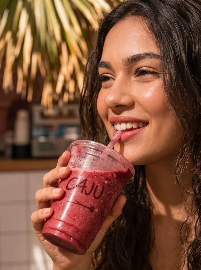 Garota sorrindo com açaí Caju