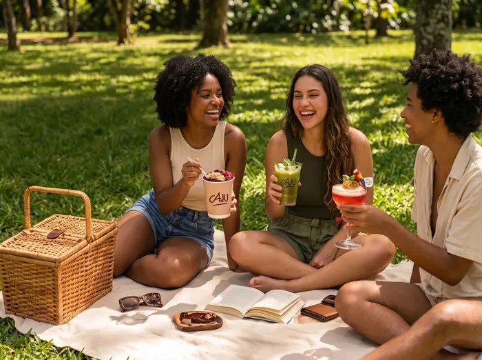 Amigos num piquenique rindo com bebidas Caju