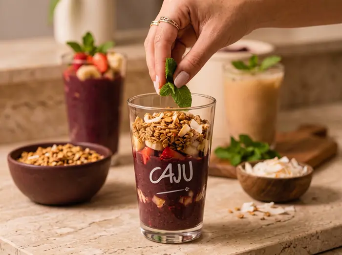 Mão finalizando um copo de açaí com hortelã fresca