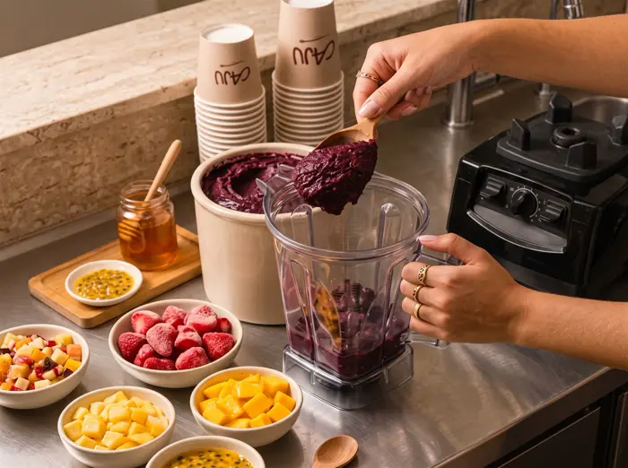 Frutas frescas separadas em potinhos ao lado do liquidificador