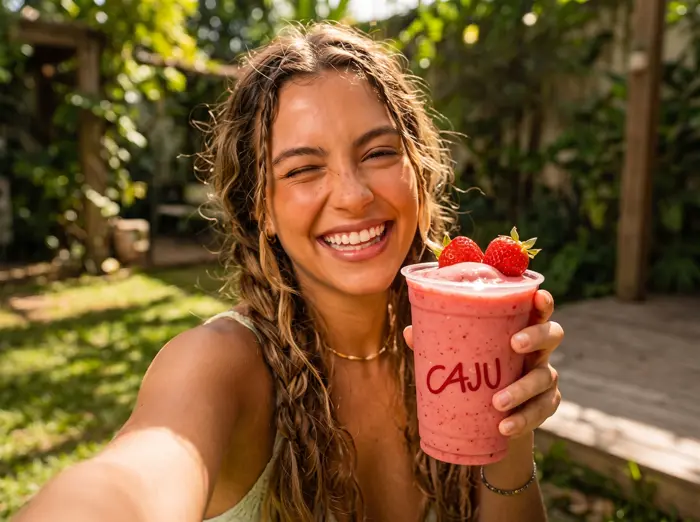 Selfie sorrindo com shake de morango