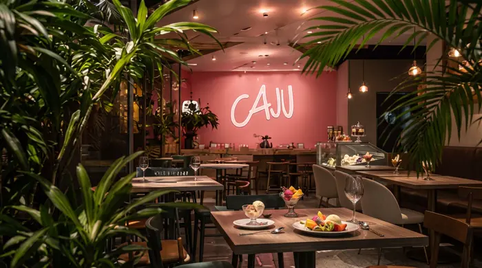Salão do Caju com parede rosa, neon e muitas plantas