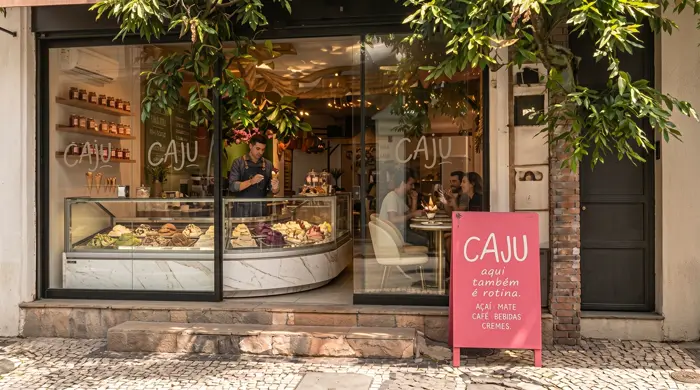 Fachada do Caju com lousa rosa na calçada